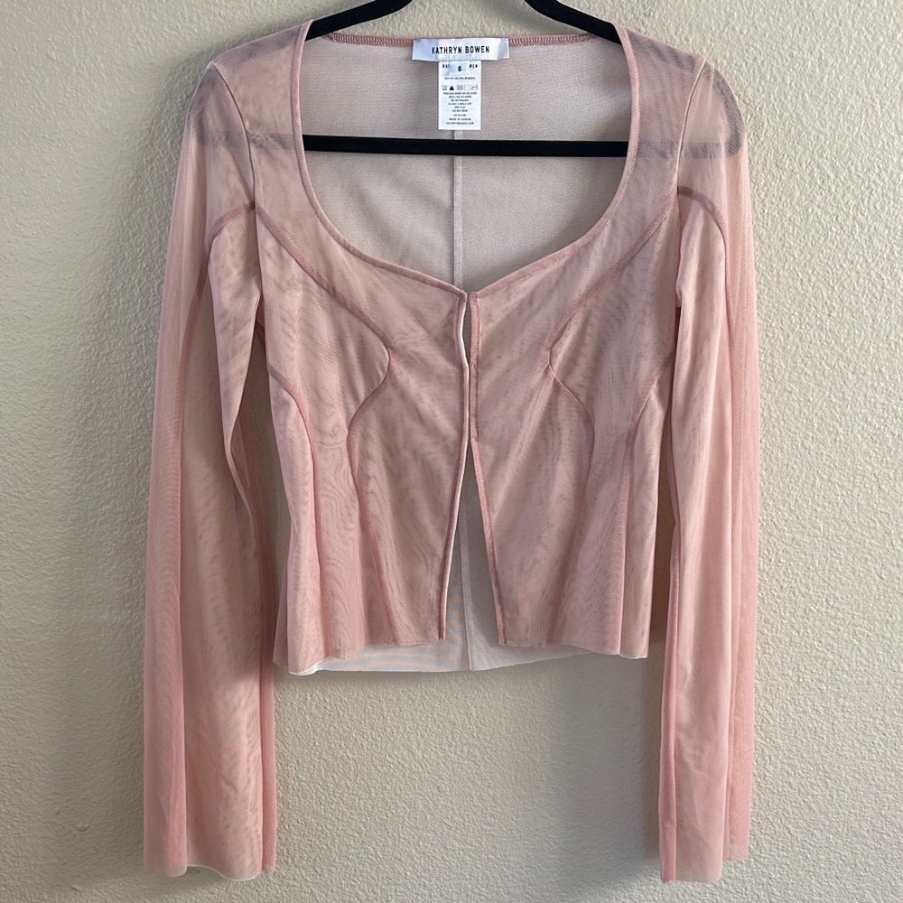 Kathryn Bowen Pulling Seamed Mesh Cardigan in Dusty Rose/Off White Size 6 - Picture 5 of 16